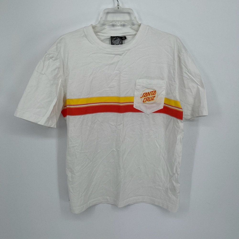 Santa Cruz‎ Men's White Striped Pocket Short Sleeve Retro Skate T-Shirt Size L